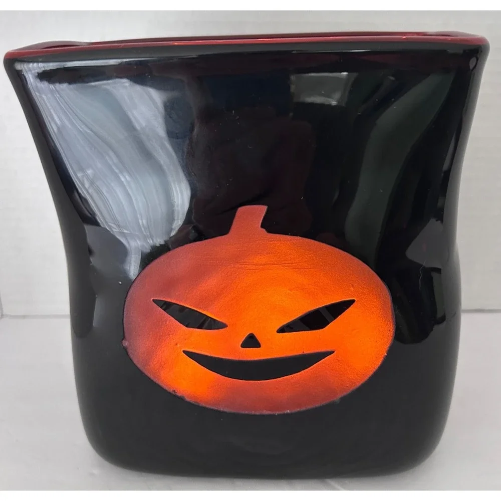 Spooky Oxblood Red Glowing Cut Glass Pumpkin Face Tea Lite Vase Halloween Italy